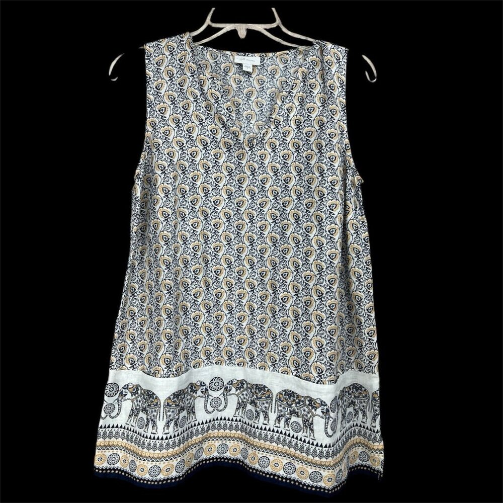 J Jill Love Linen Sleeveless Top Sz S White Blue Elephant Pockets Boho Chic